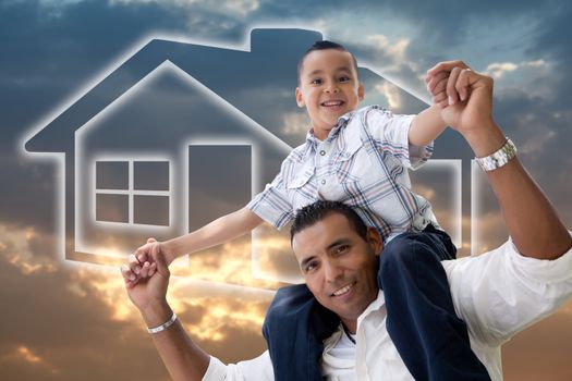 Happy Hispanic Father and Son Over Clouds, Sky and House Icon.