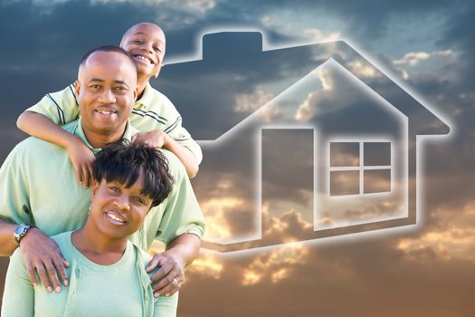 Happy African American Family Over Clouds, Sky and House Icon.