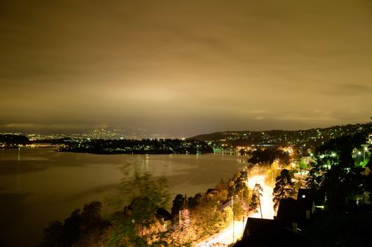 View of Oslo and the Oslo fjord at night - long exposture.