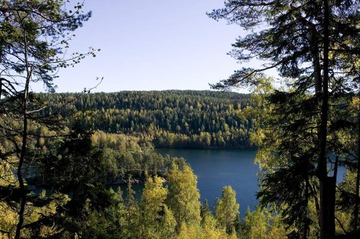 A lake in the middle of a forest.  Near Oslo, in the eastern forest - �stmark, N�klevann