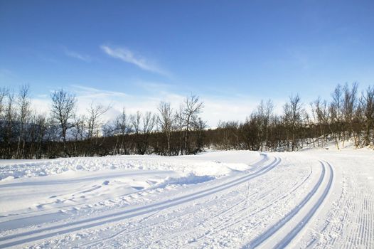 Cross country ski trails in the mountains of Norway.