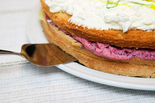 A close up of a cream cake taken with a shallow depth of field.