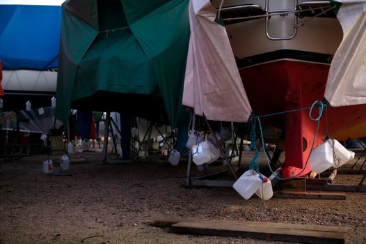 Boats on dry land being stored for the winter months.