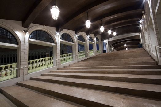 it is a long and wide stair at night