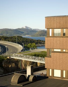 Brigdes and modern architecture close to the coast.