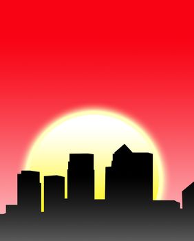 A silhouette of a London skyline with a sun background.
