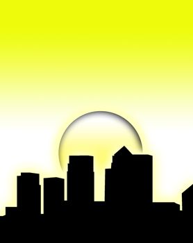 A silhouette of a London skyline with a sun background.
