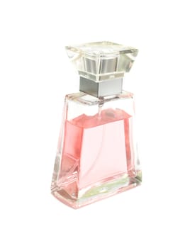 Bottle of pink perfume. Isolation on white