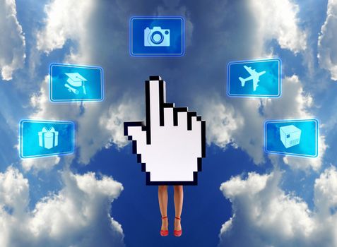 Hand cursor with female legs sorrounded of e-commerce icons over sky background.