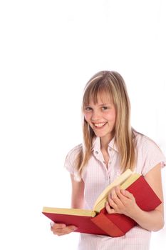 Blonde girl with a book - white background