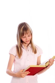 Blonde girl with a red book - white background