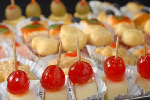 Delicious assorted appetizers. Cherries with cheese in focus