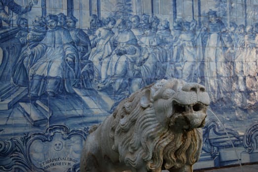 Fountain  with portuguese tiles in the background