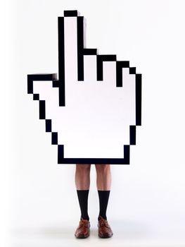 E-commerce hand cursor with the legs of a man, ready to close business. White background