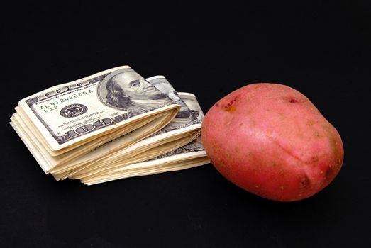 Bundles of hundred-dollar bills and a potato on black background 




