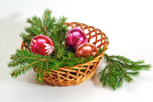 green  fir tree  twig and three red ball in basket