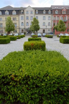 Streets, vegetation, and residential buildings. Dessau, Germany