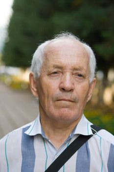 Portrait of the elderly man in a striped shirt against the nature