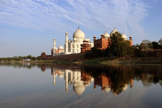 Taj Mahal mirrored in a river