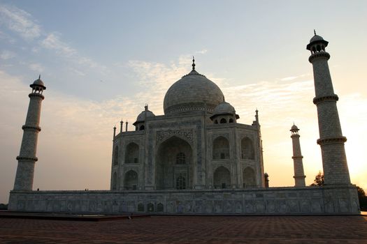 View on the Taj Mahal from the Western side at sunrise