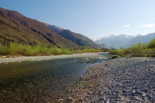 spring landscape of a river, Toce River, Italy