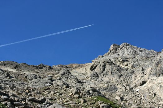 Airplane above Austrian Alps in Tirol. Lechtaler Alpen.
