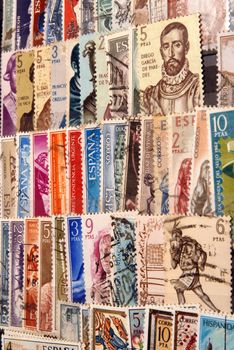 Diverse and colorful postage stamps from Spain. Old collection.
