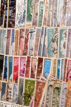 Diverse and colorful postage stamps from Spain. 
