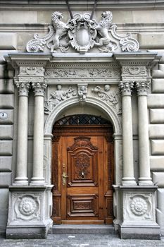 Beautiful wooden door in Luzern, Switzerland. Old architecture.