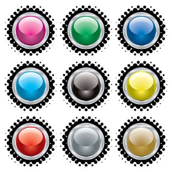 Collection of buttons with silver bevel and black halftone