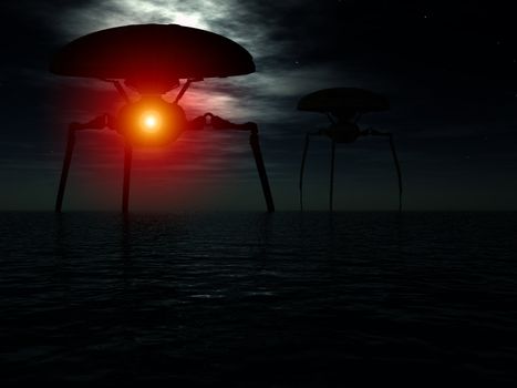 Alien tripods walking around an ocean at night.