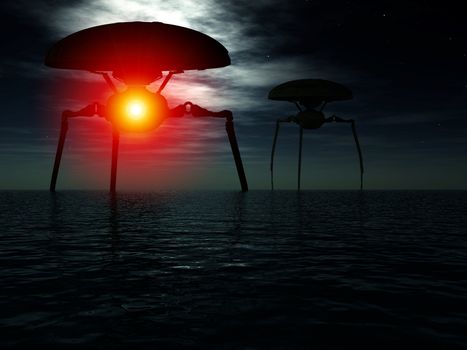 Alien tripods walking around an ocean at night.