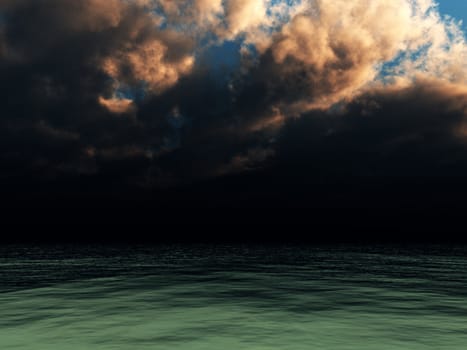 A very dark cloudy sky over the ocean. 