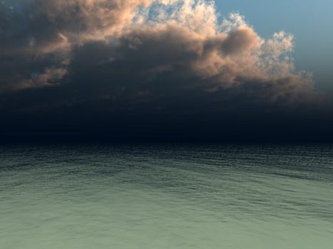 A very dark cloudy sky over the ocean. 