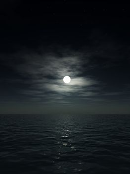 The moon over a cloudy nighttime ocean.