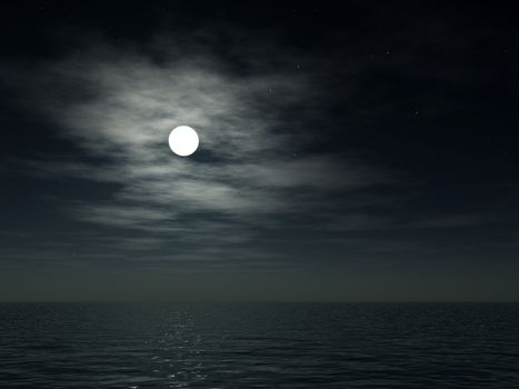 The moon over a cloudy nighttime ocean.