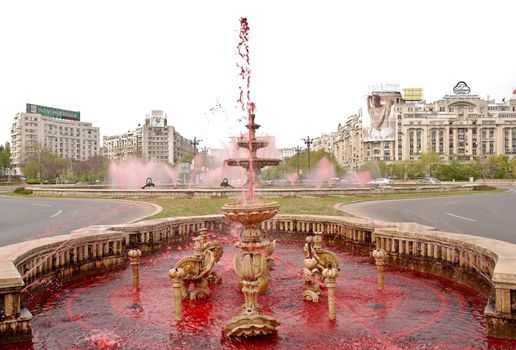 Fountains With Blood red Water to draw attention to blood donations and haemophilia on April 23, 2010 in Bucharest Romania
Photo taken on: April 19th, 2010