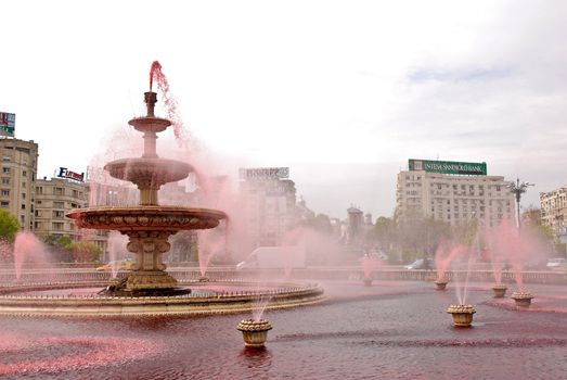 Fountains With Blood red Water to draw attention to blood donations and haemophilia on April 23, 2010 in Bucharest Romania
Photo taken on: April 19th, 2010