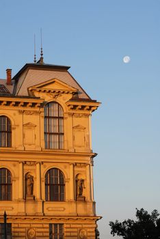 Building under a moonlit sky. Prague