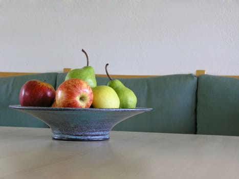 fresh fruits on blue plate (living room)