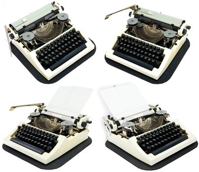 Four ancient typewriters on a white background