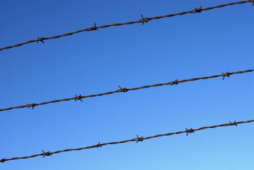 Cut wire fence detail with clear blue sky background.
