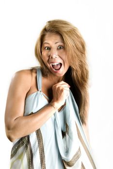 Pretty ethnic woman laughing on a white background