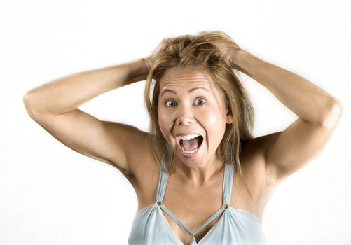 Pretty ethnic woman pulling on her hair