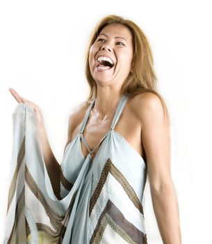 Pretty ethnic woman laughing on a white background