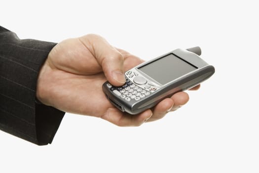 Close-up of Caucasian middle-aged businessman using handheld PDA.