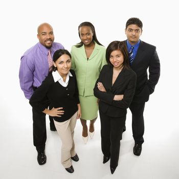 Portrait of multi-ethnic business group standing looking at viewer.