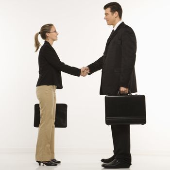 Caucasian mid-adult businessman and woman shaking hands and holding briefcases.