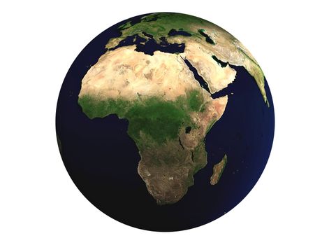 Earth 3D. Isolated on white background. Focus on Africa. 
