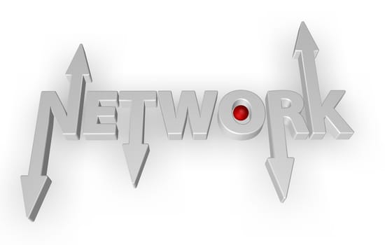 the word network with arrows and red ball - 3d illustration